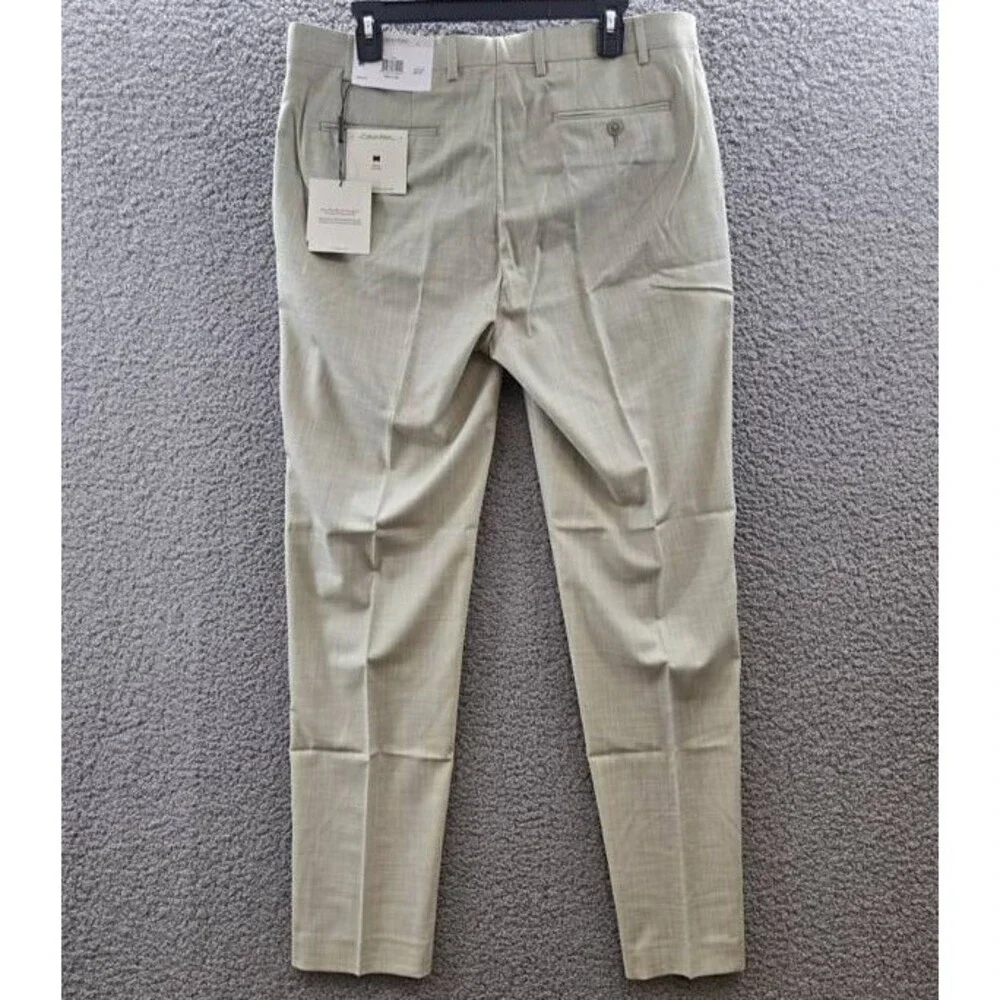 Calvin Klein Slim-Fit Dress Pants Men's 36Wx32L Taupe Solid Zip/Button Closure